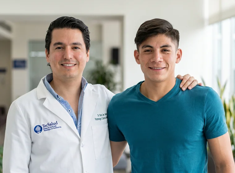 Paciente deportista junto al Dr. López Valerio después de su consulta